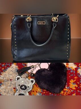 NwoT BCBG Black Vegan Leather Satchel w/Gold Studs & Hardware-Free Bag Charm-EC